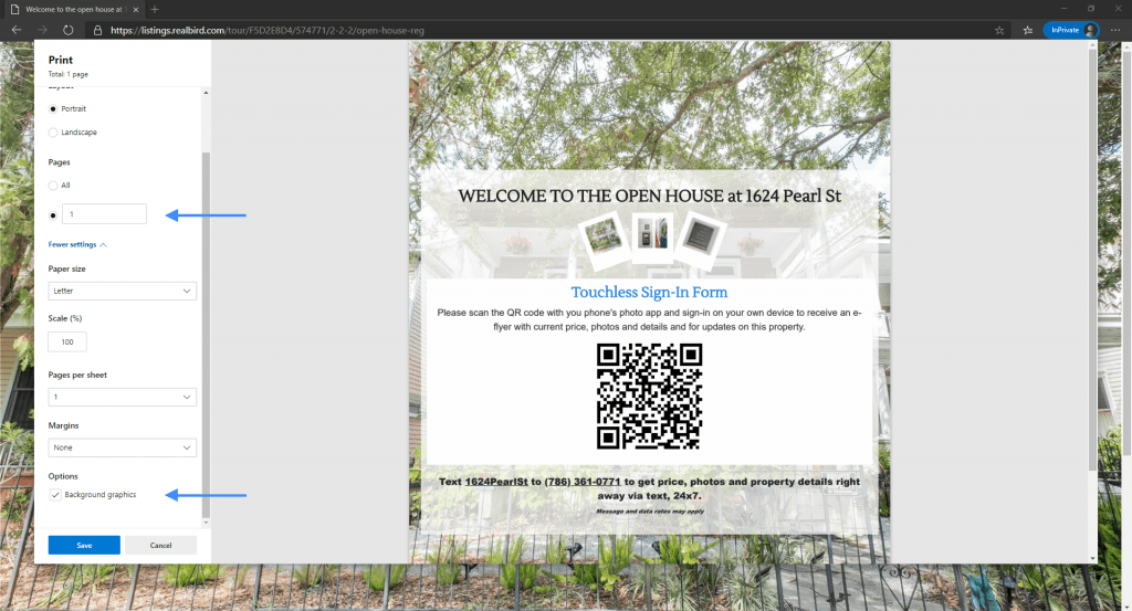 Screenshot of how to print the touchless open house marketing form on Edge